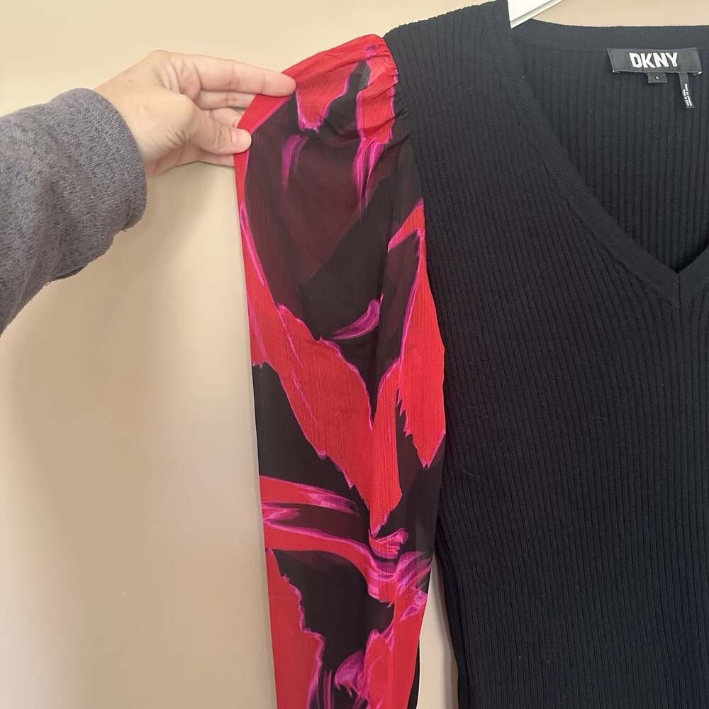 DKNY L Sheer Balloon Sleeve Top Black Red Ribbed Mixed Media Top Black Floral - Picture 5 of 9